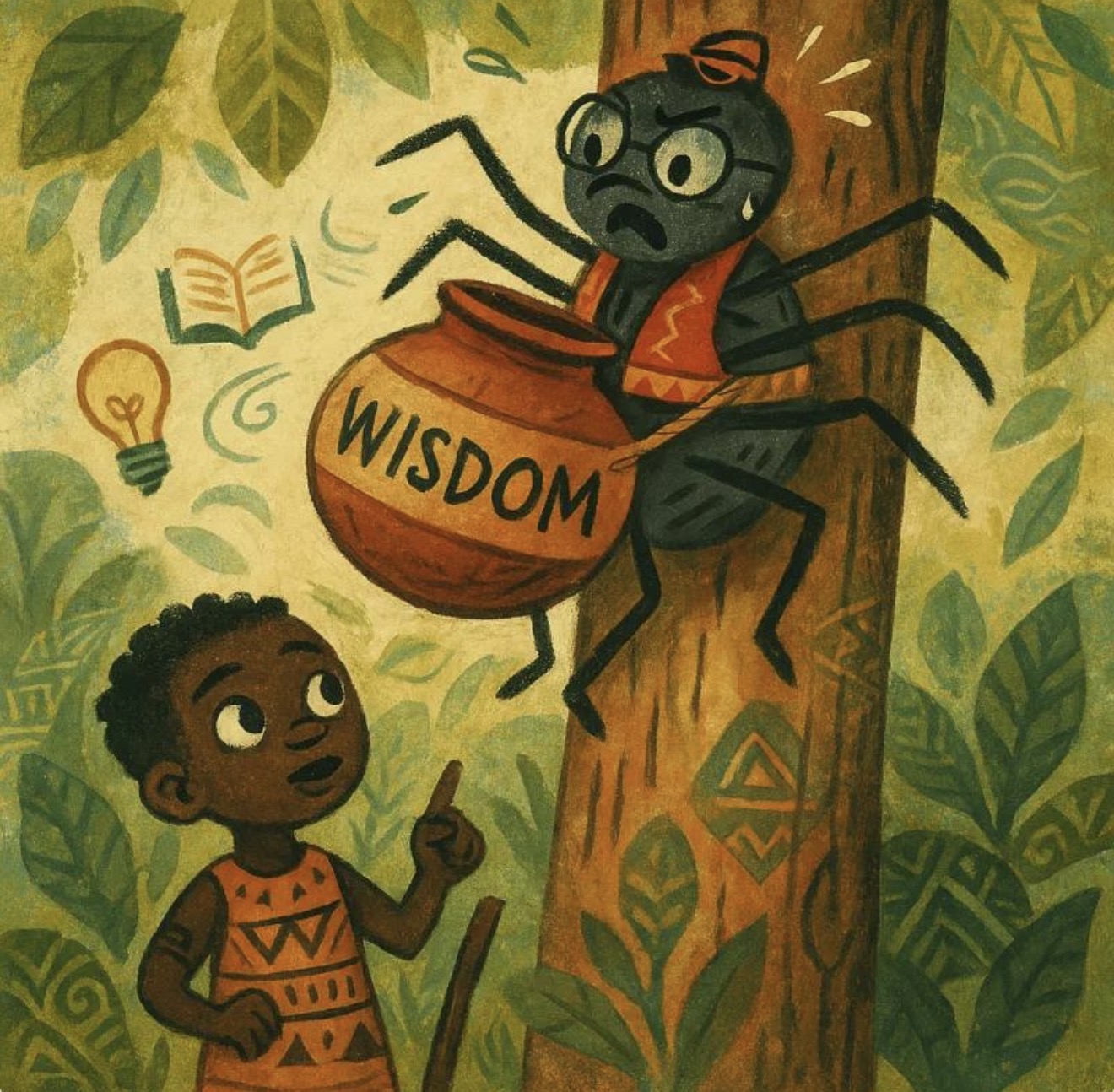 Anansi və müdriklik qabı — İllüstrasiya: Wiehan de Jager. Mənbə: African Storybook / Storybooks Canada. Lisenziya: Creative Commons Attribution 4.0 International (CC BY 4.0).